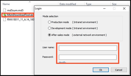 enter username and password on msm download tool