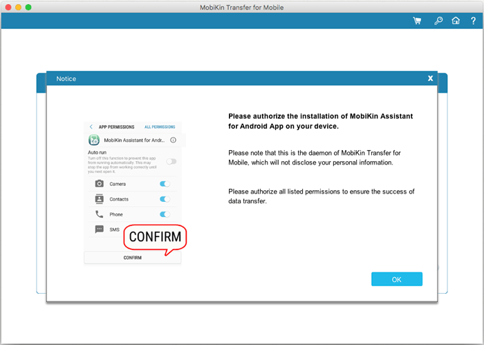 confirm the installation of mobikin assistant for android app