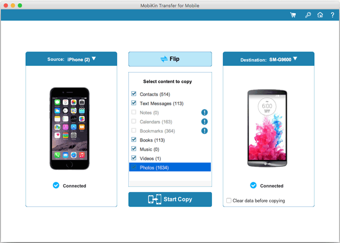 start to transfer data between two phones