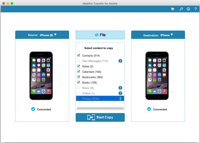 start to copy data between two iphones