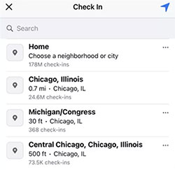 how to change check in location on facebook