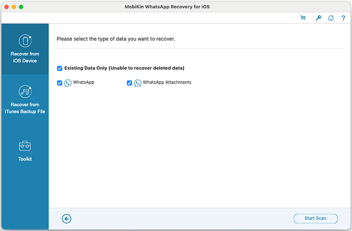 choose whatsapp data types for recovery 