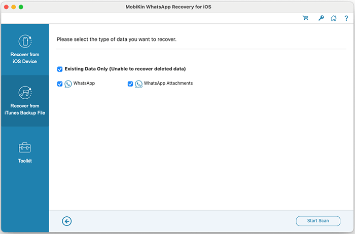 select whatsapp data from itunes backup