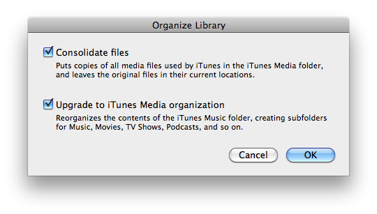 consolidate itunes library media files